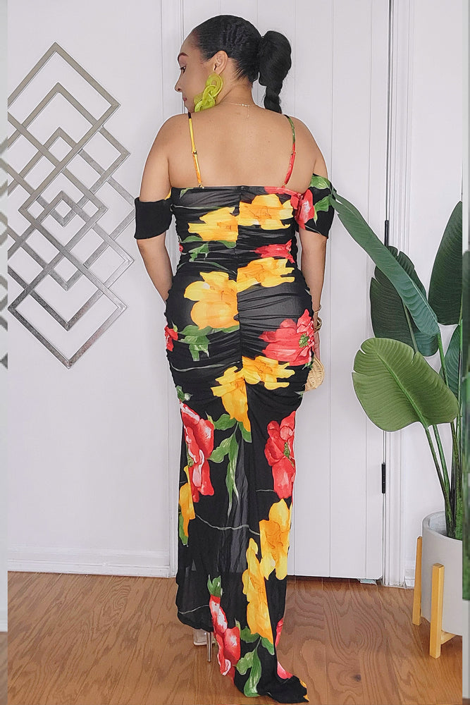 062024 Black Floral Ruched Off Shoulder Dress