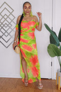 062024 Lime/Orange Floral Off Shoulder Ruched Dress