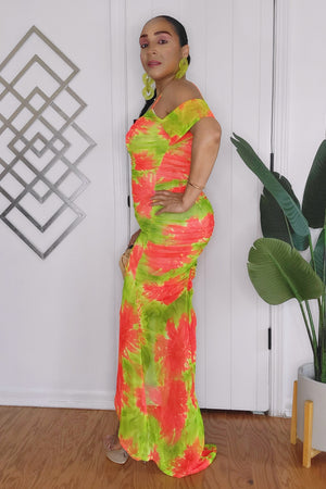 062024 Lime/Orange Floral Off Shoulder Ruched Dress