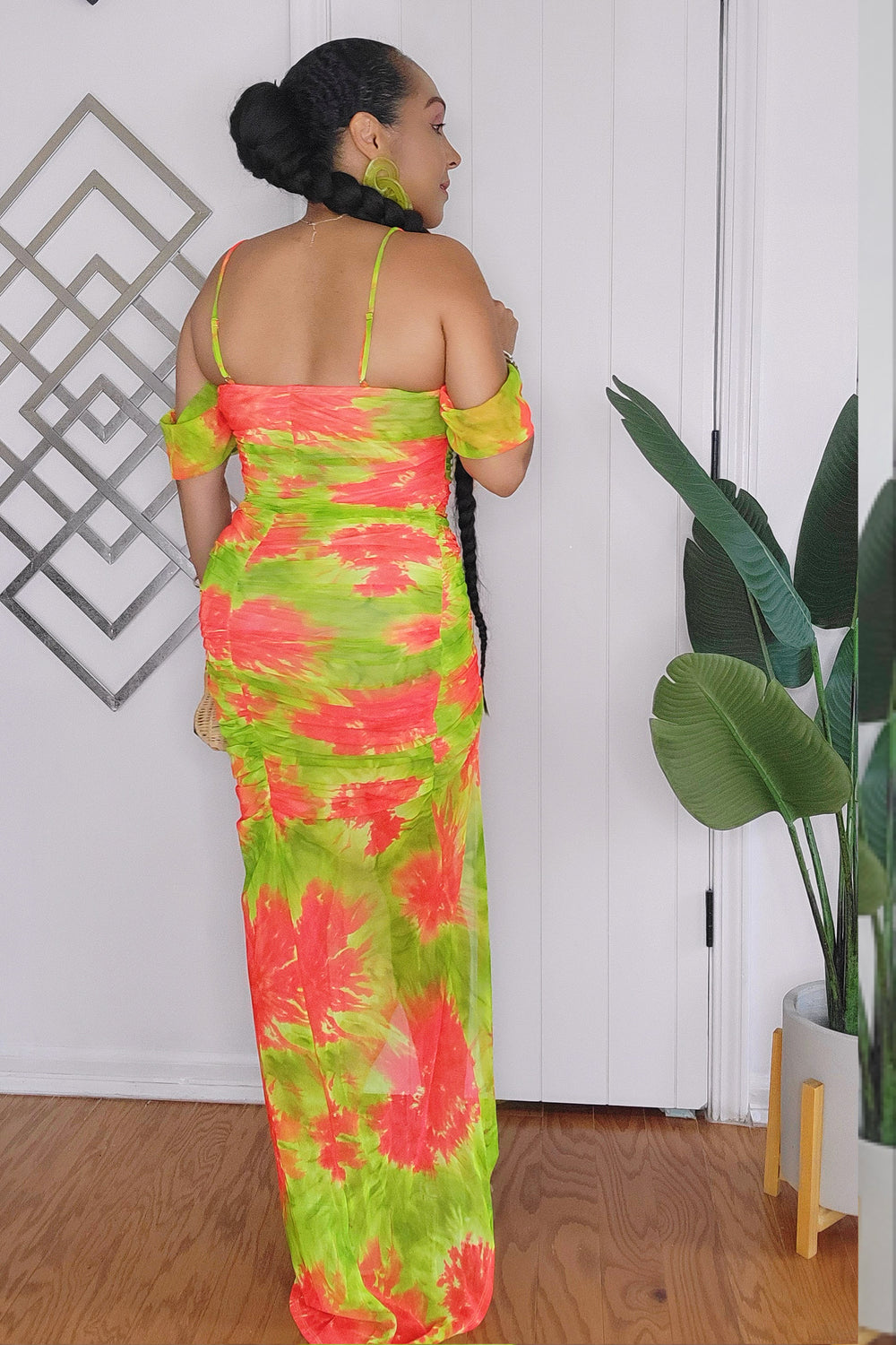 062024 Lime/Orange Floral Off Shoulder Ruched Dress