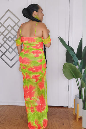 062024 Lime/Orange Floral Off Shoulder Ruched Dress
