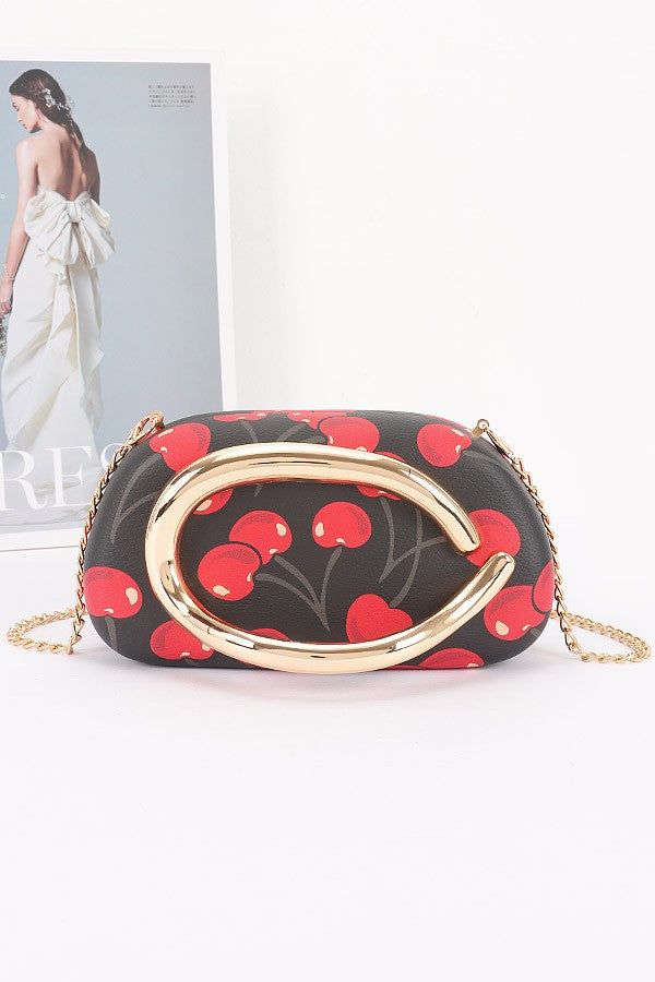 100225 Cherry Print Faux Leather Frame Clutch