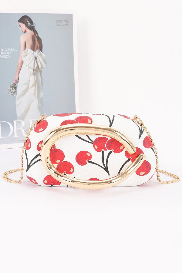 100225 Cherry Print Faux Leather Frame Clutch
