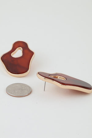 100825 Marble Stone Ripple Drop Earrings Gold Brown