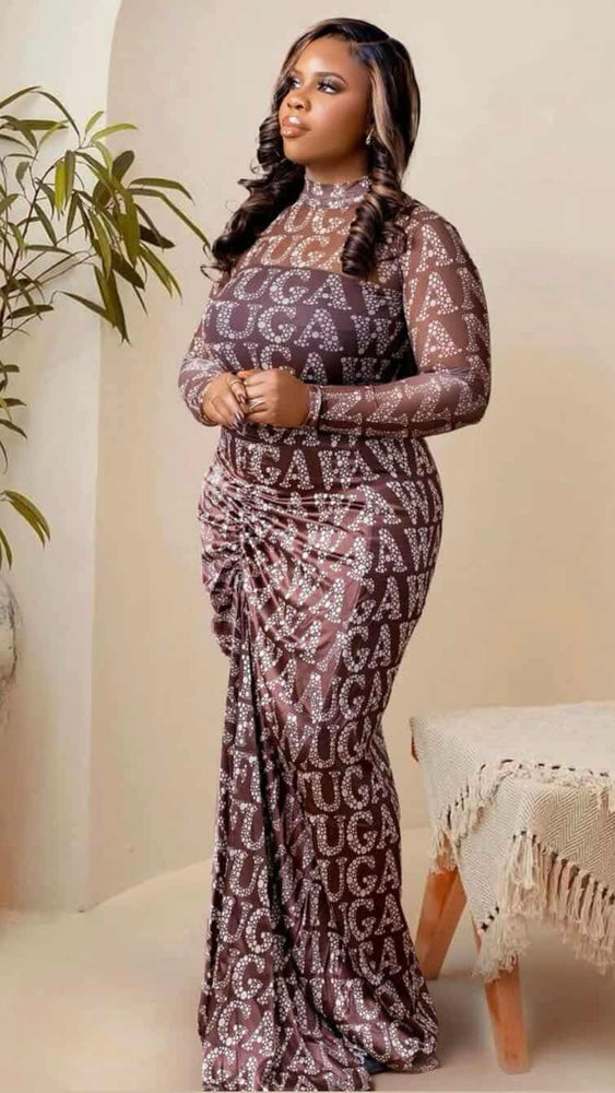 100625 The Brown Sophisticated Geometric Print Long-Sleeve Maxi Skirt Set