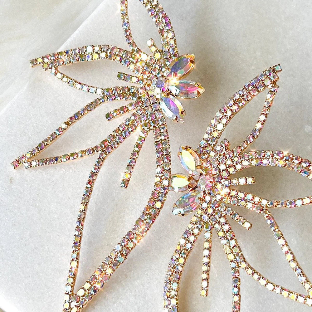 100825 Floral Rhinestones Statement Earrings