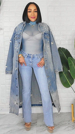 072324  Pearl And Crystal Distressed Long Denim Jacket