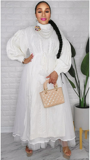 101023  White Tulle Skirt & Overlay Knitted Top Set
