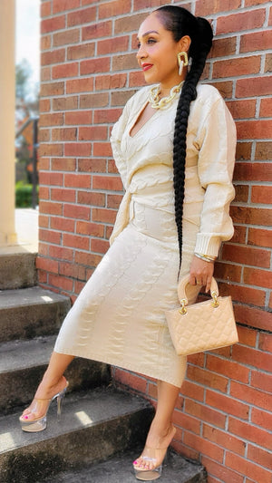 101823 Cream Knitted V Wrapped Midi Dress