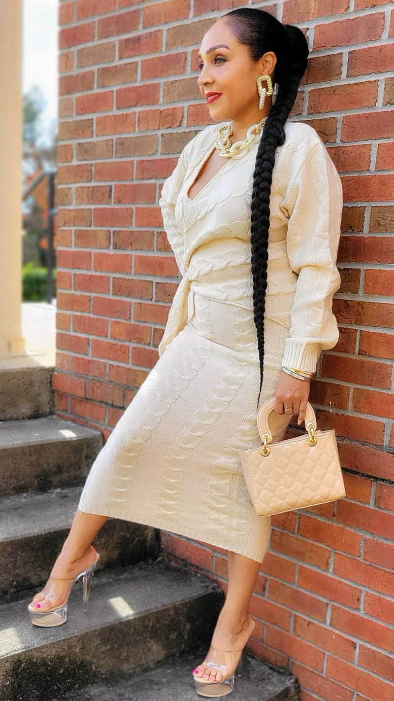 101823 Cream Knitted V Wrapped Midi Dress