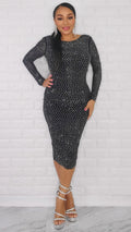 111623 Black Translucent Midi Rhinestone Dress