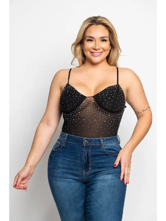 111925 Black Diamond Rhinestone Bodysuit