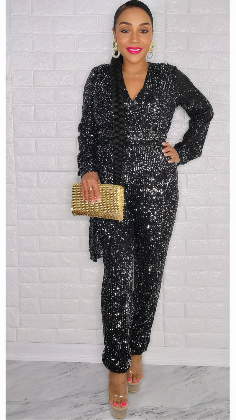 121224  AfterDark Black Side Ruffle Sequins Jumpsuit