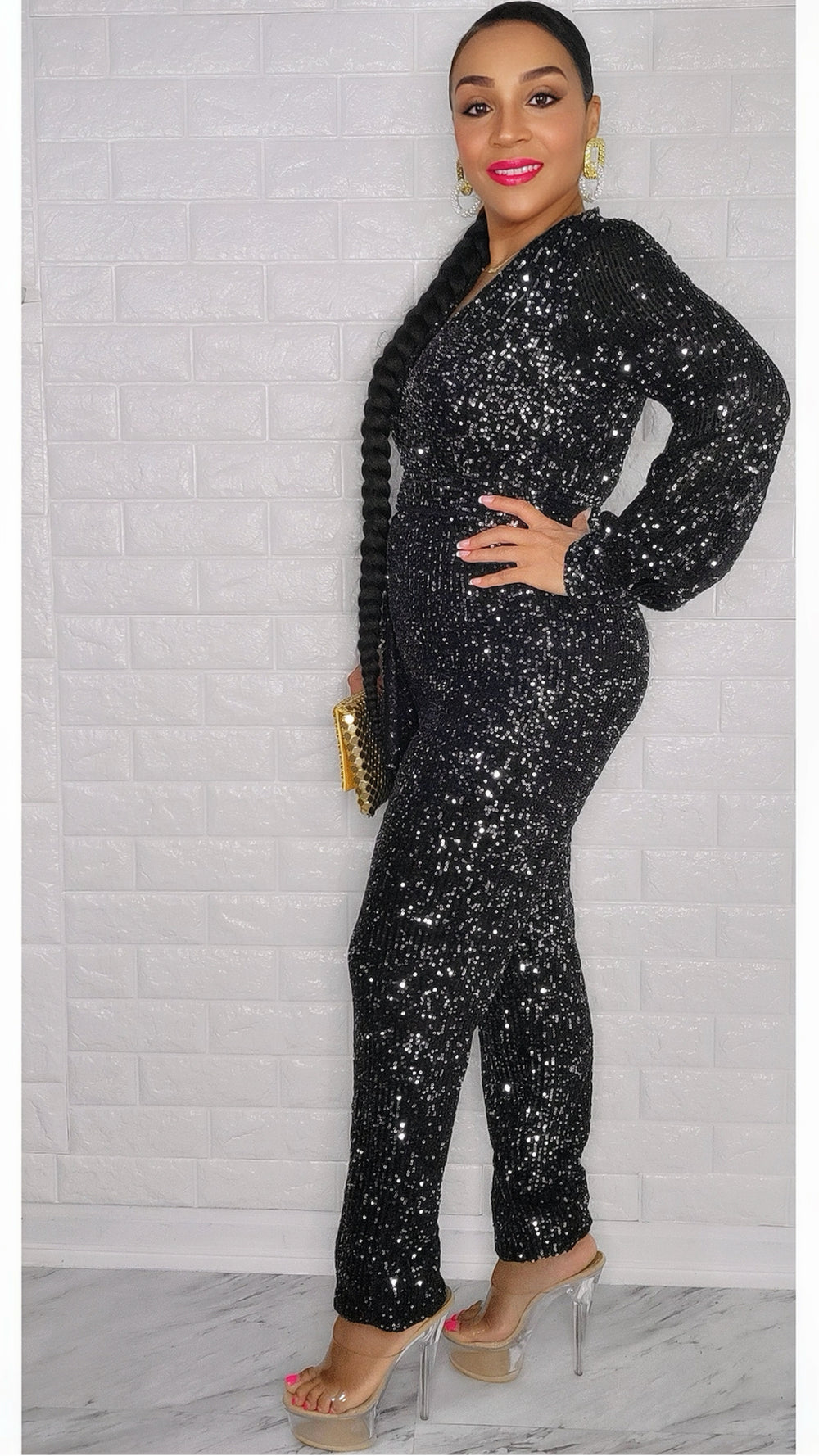 121224  AfterDark Black Side Ruffle Sequins Jumpsuit