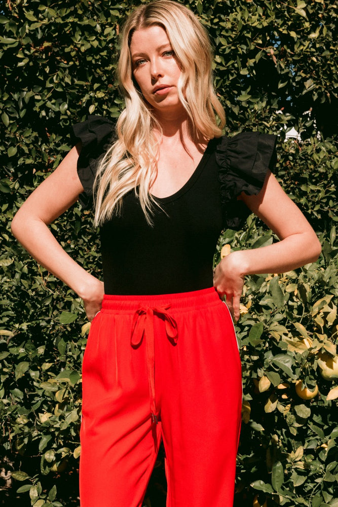 091824 Black Off The Knit Scoop Neck Ruffle Bodysuit