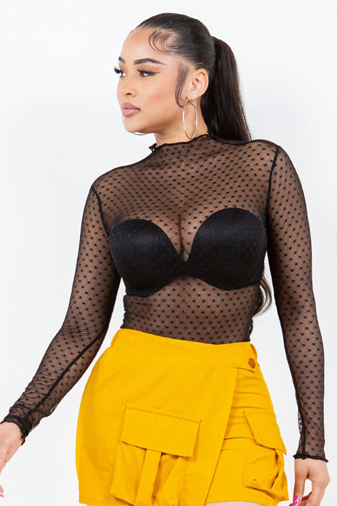 111925 Polka Noir Mesh Long Sleeve Top