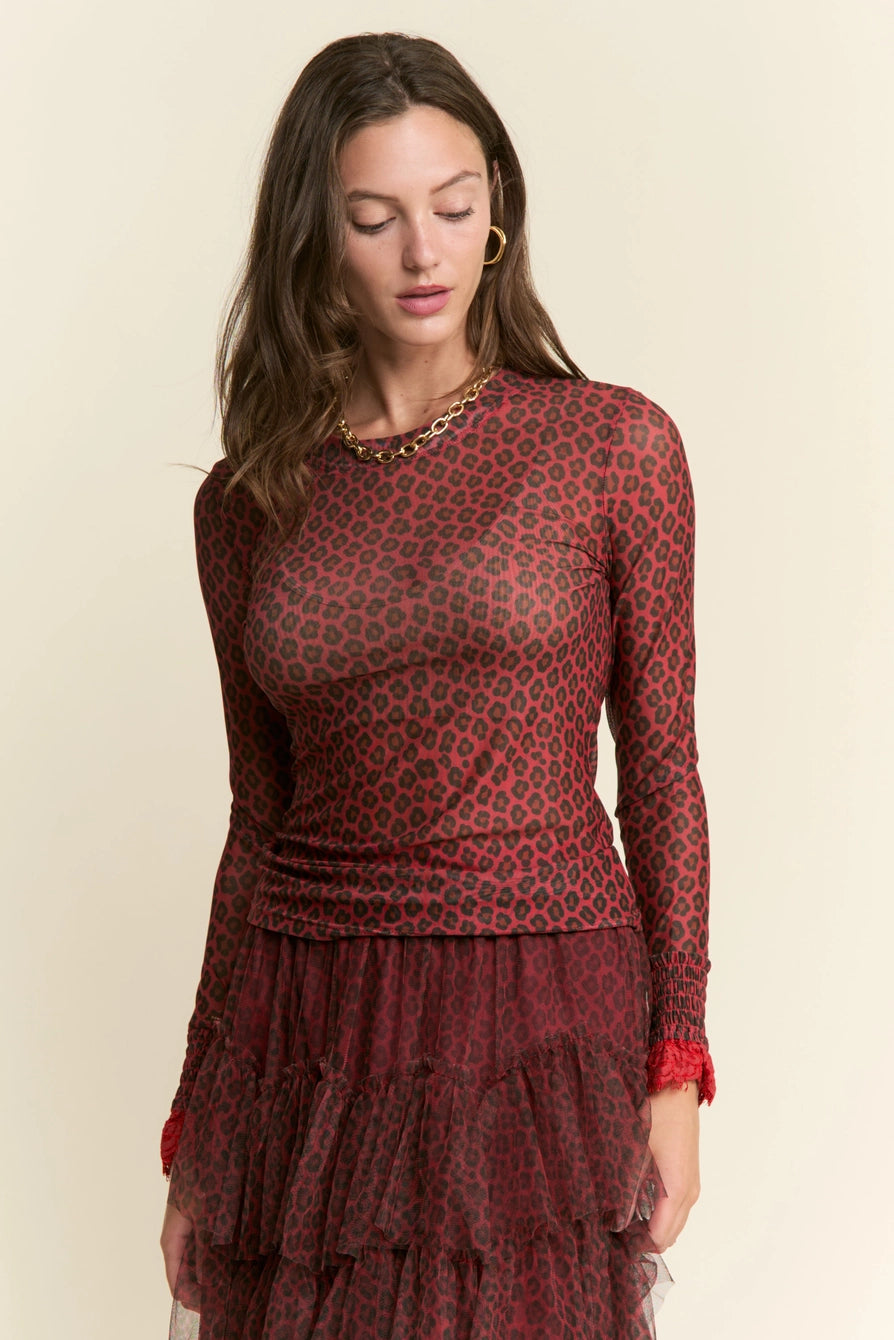 112025 Red Leopard Mesh Print Top