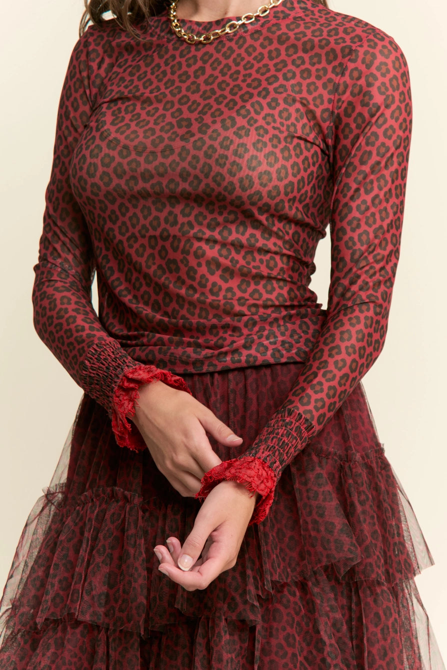 112025 Red Leopard Mesh Print Top
