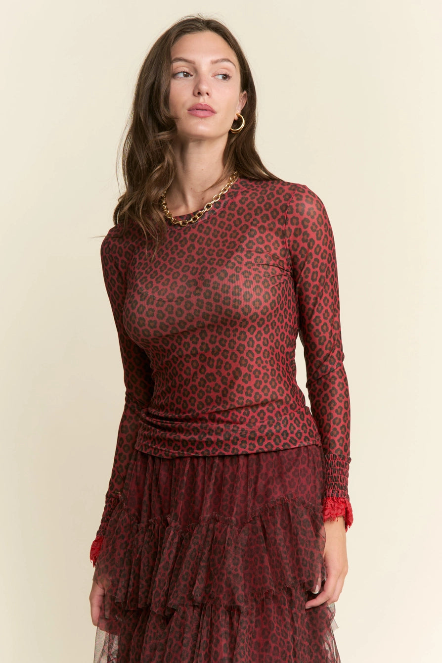 112025 Red Leopard Mesh Print Top