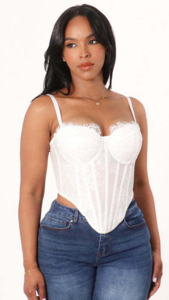 092425 White Spaghetti Strap Lace Rhinestone Bustier Corset Top
