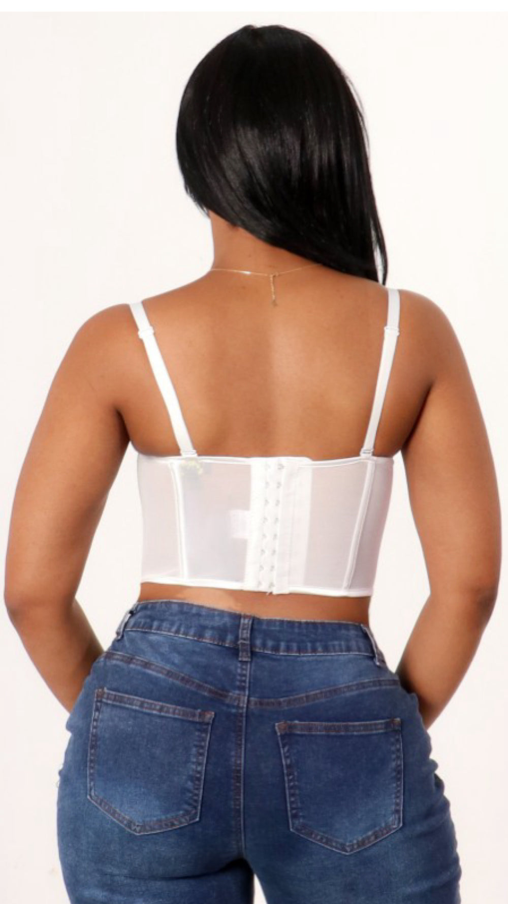 092425 White Spaghetti Strap Lace Rhinestone Bustier Corset Top