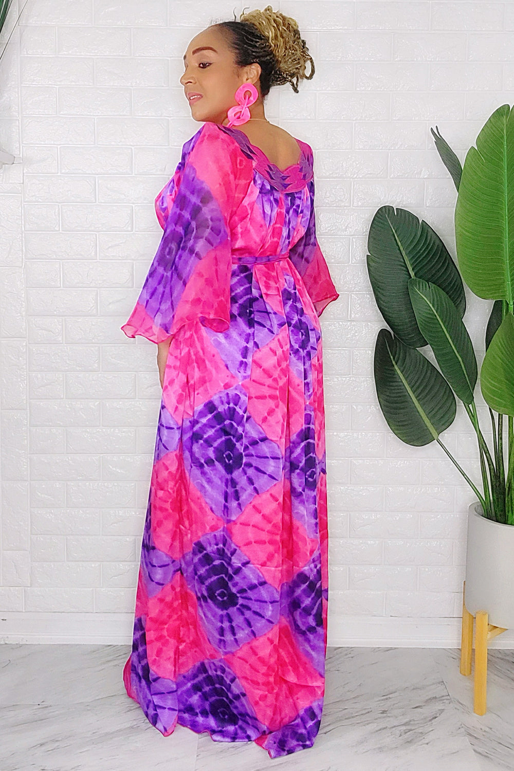081424 The Fuschia Tie Dye Handmade African  Print Maxi Dress