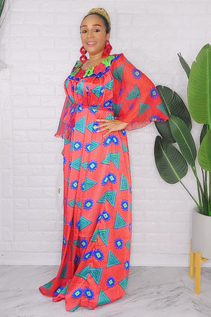 081424 Red & Teal Handmade African  Print Maxi Dress