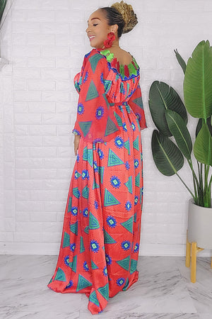 081424 Red & Teal Handmade African  Print Maxi Dress