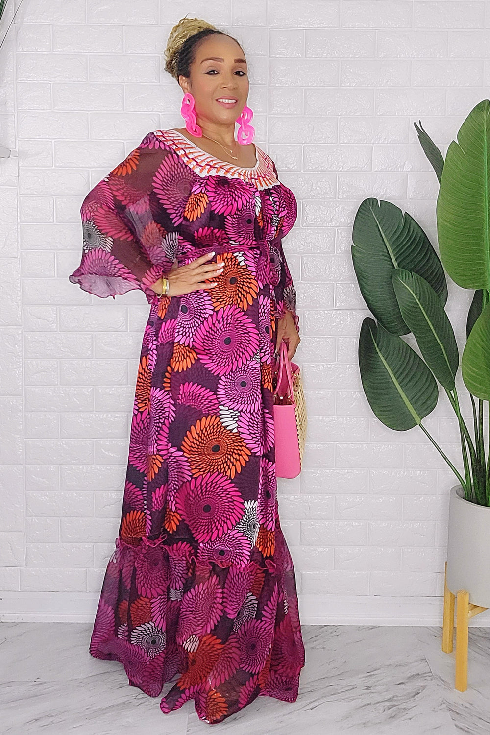 081424 Fuschia Florals Handmade African Print Maxi Dress