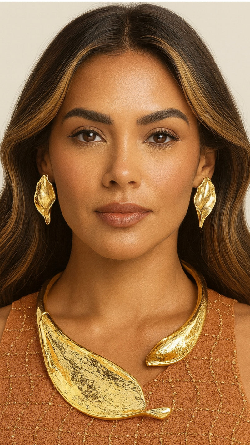 112425 Gold Sculpted Leaf Necklace & Earring Set PREORDER