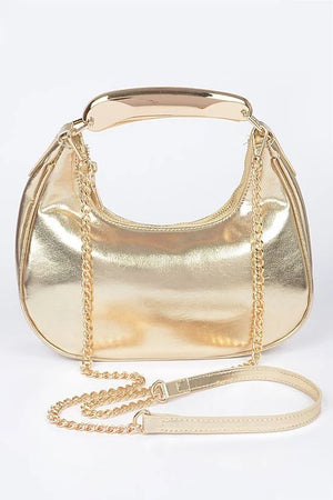 081424 Chic Chain Metallic Faux Leather Metal Top Handle Clutch