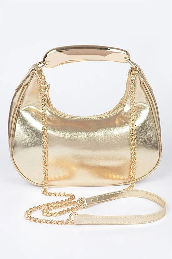 081424 Chic Chain Metallic Faux Leather Metal Top Handle Clutch