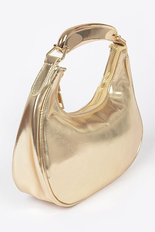 081424 Chic Chain Metallic Faux Leather Metal Top Handle Clutch