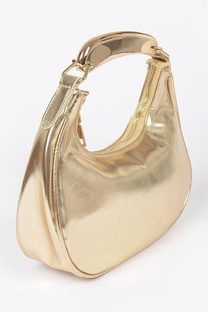 081424 Chic Chain Metallic Faux Leather Metal Top Handle Clutch