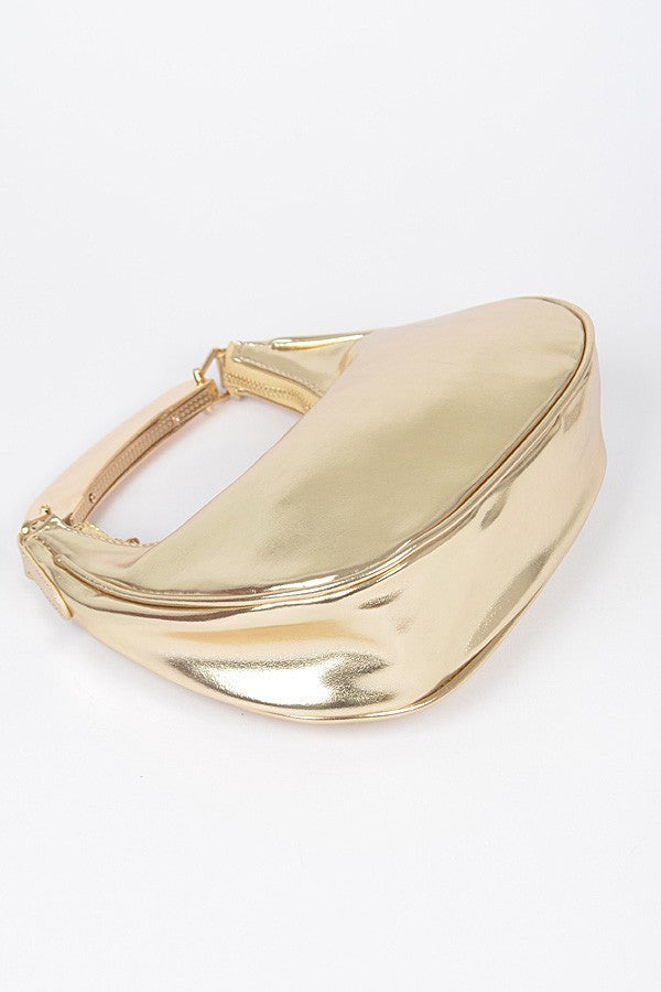 081424 Chic Chain Metallic Faux Leather Metal Top Handle Clutch