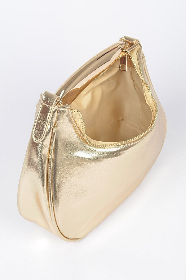 081424 Chic Chain Metallic Faux Leather Metal Top Handle Clutch