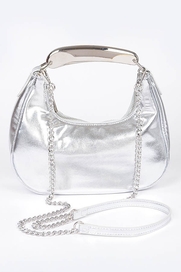 081424 Chic Chain Metallic Faux Leather Metal Top Handle Clutch
