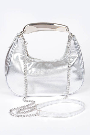 081424 Chic Chain Metallic Faux Leather Metal Top Handle Clutch