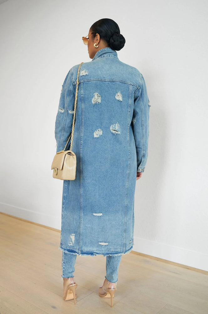 081424 Medium Wash Distressed Long Denim Jacket