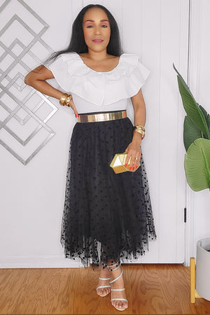 081424 Black Polka Dot Layered Tulle Midi Skirt