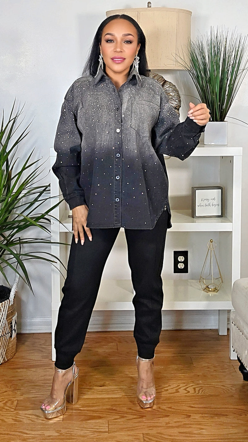 111925 Black Midnight Stardust Rhinestones Denim Button Down
