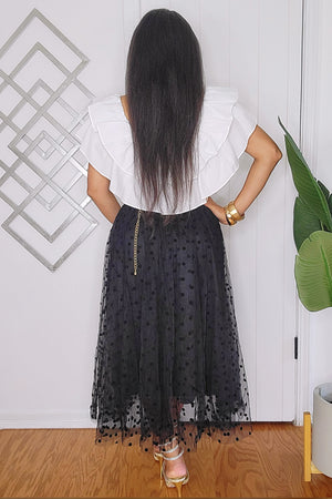 081424 Black Polka Dot Layered Tulle Midi Skirt