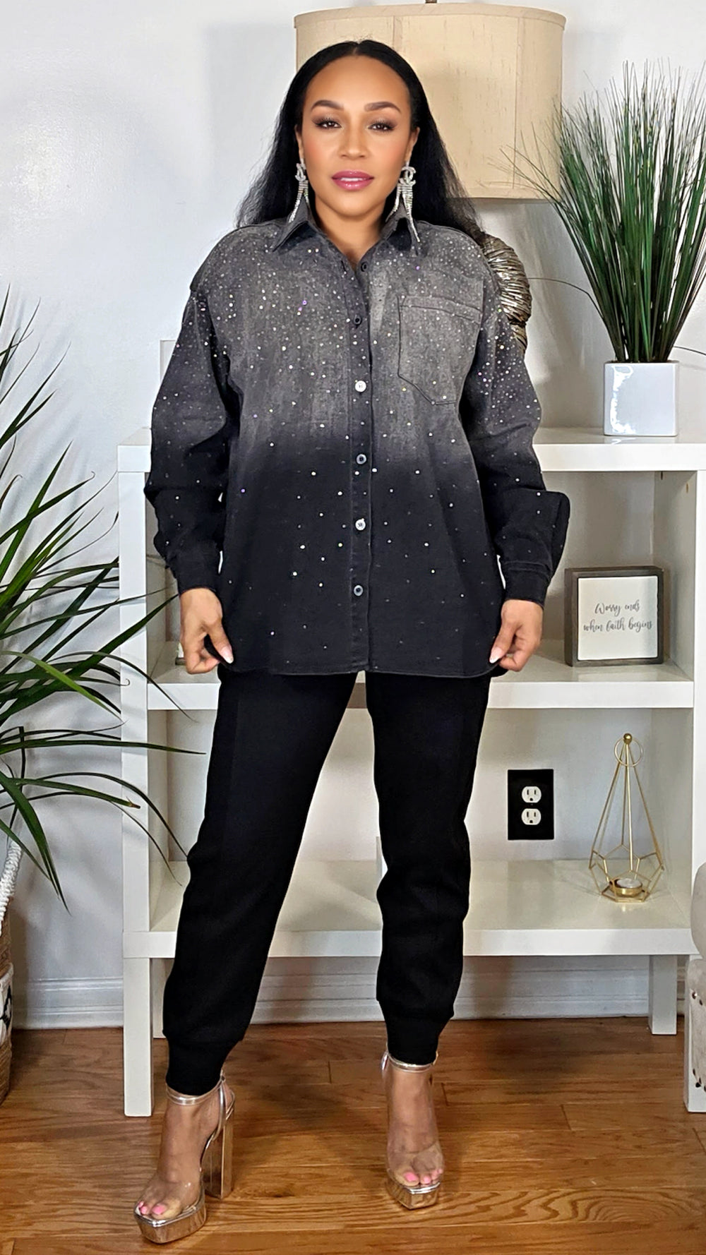 111925 Black Midnight Stardust Rhinestones Denim Button Down