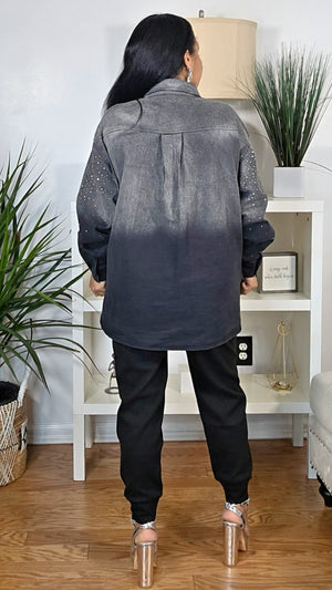 111925 Black Midnight Stardust Rhinestones Denim Button Down