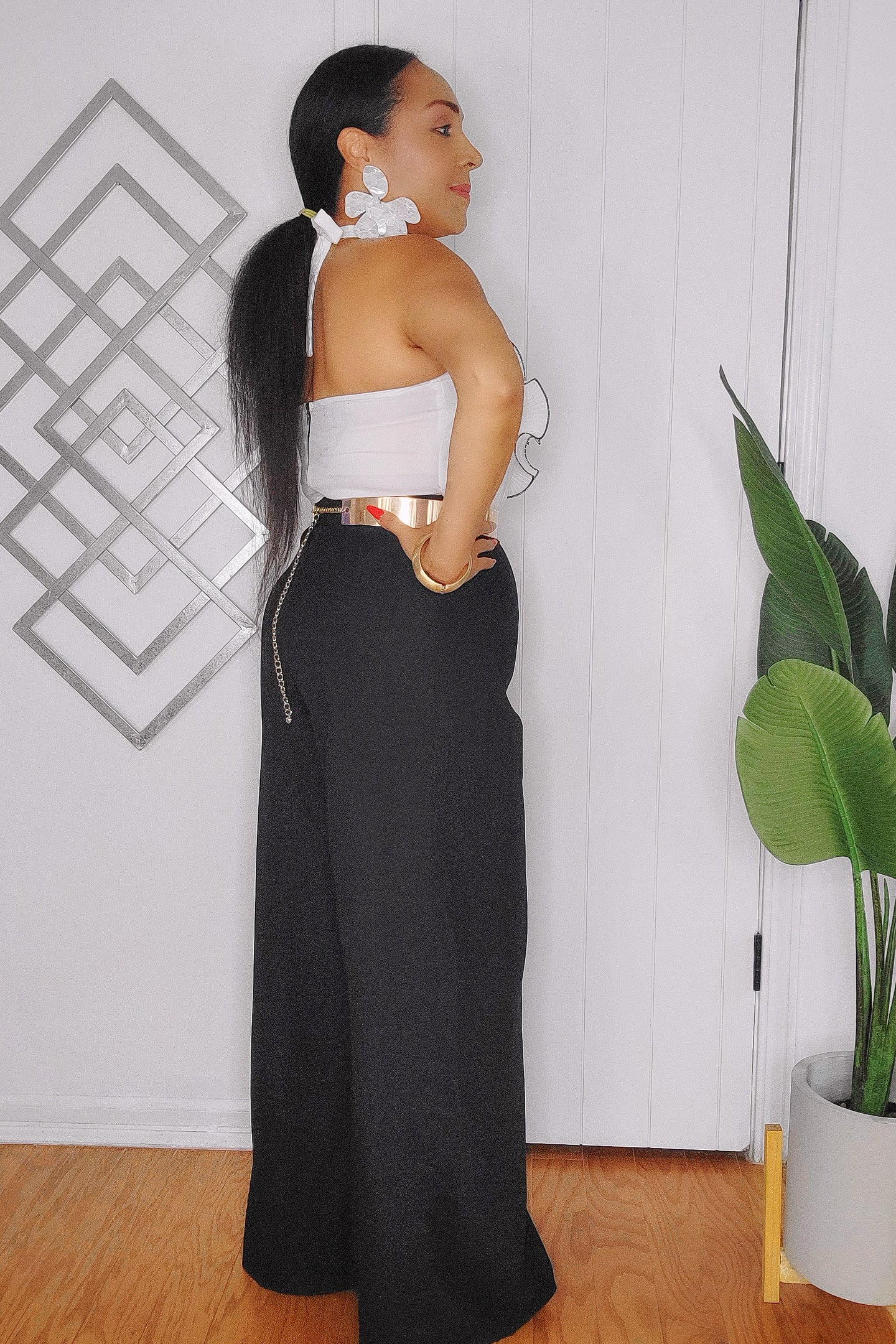 081424 White & Black Chiffon Pleated Rosette Chest Wide Leg Jumpsuit