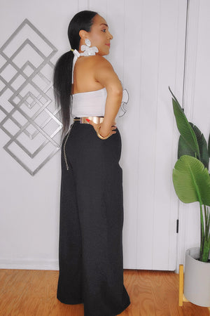 081424 White & Black Chiffon Pleated Rosette Chest Wide Leg Jumpsuit