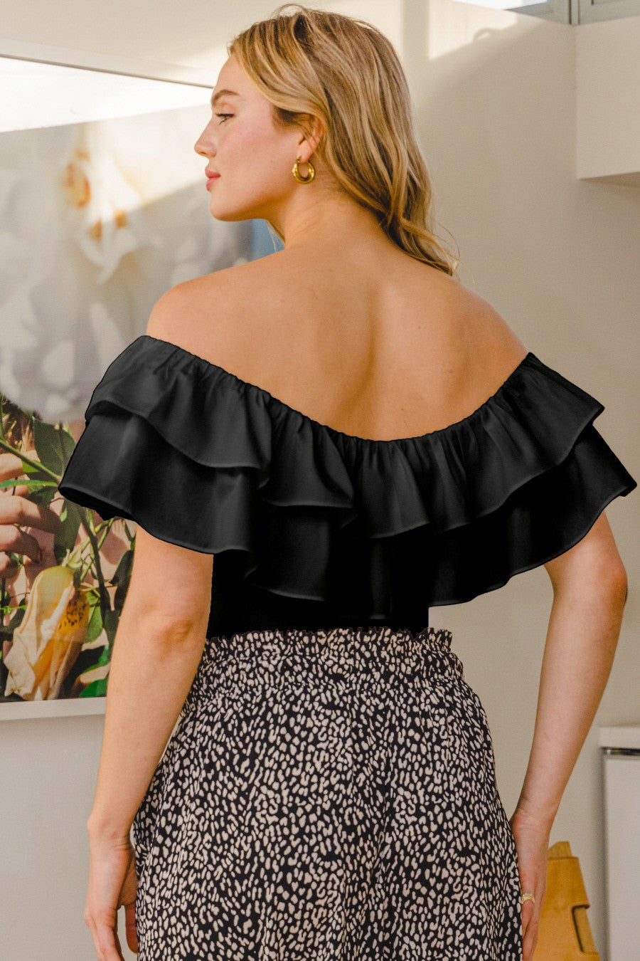 071824 Black Off The Shoulder Knit Ruffle Bodysuit