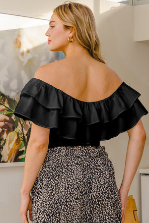 071824 Black Off The Shoulder Knit Ruffle Bodysuit