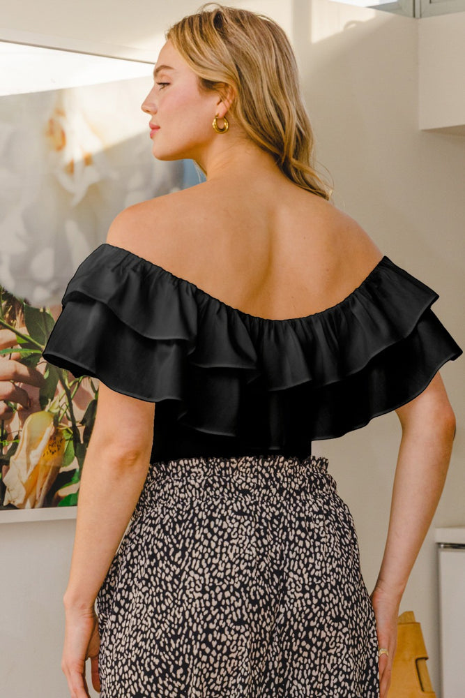 071824 Black Off The Shoulder Knit Ruffle Bodysuit