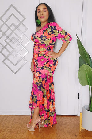 081224 Florals Print One Shoulder Top and Skirt Set